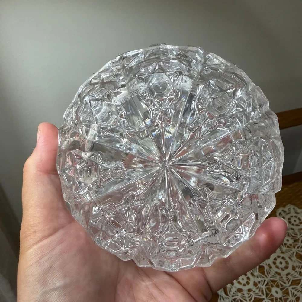 Vintage Glass Diamond Point Clear Covered Candy Dish Footed Oval 5in
